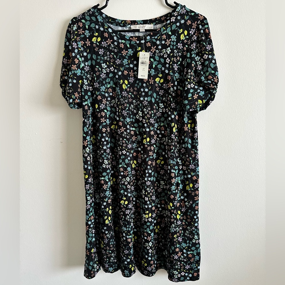 LOFT Black Floral Short-Sleeve Swing Dress